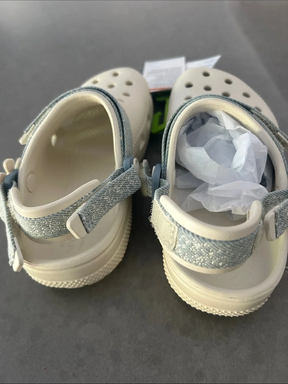 NWT girls white Crocs with denim detail